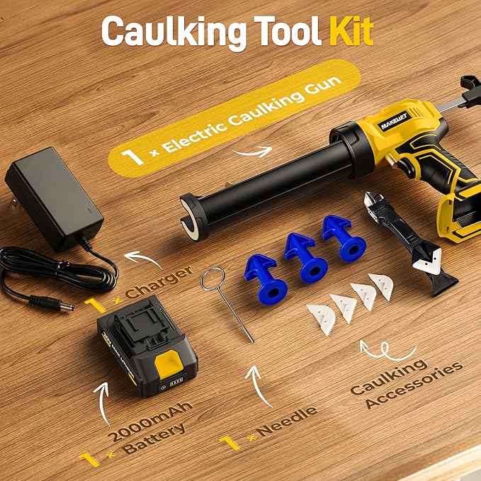 Electric Caulking Gun, 10oz Caulk Gun with 1x2000mAh Batteries, Cordless Caulking Gun, 4 Adjustable Speeds, LED Light, Auto Retraction, 9 Pcs Silicone Caulking Tools for Filling and Sealing