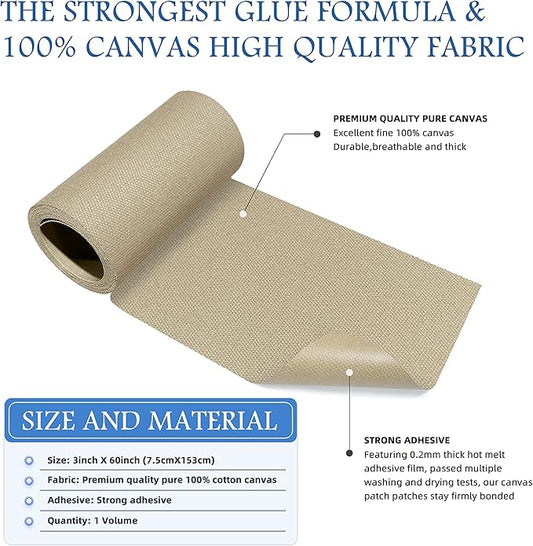 KING MOUNTAIN Canvas Iron on Patch,3"×60",Waterproof 100% Cotton Fabric Repair Patch,Used for Various Sofa,Tent,Clothes,Seats,Suitcases (Khaki 1.0)