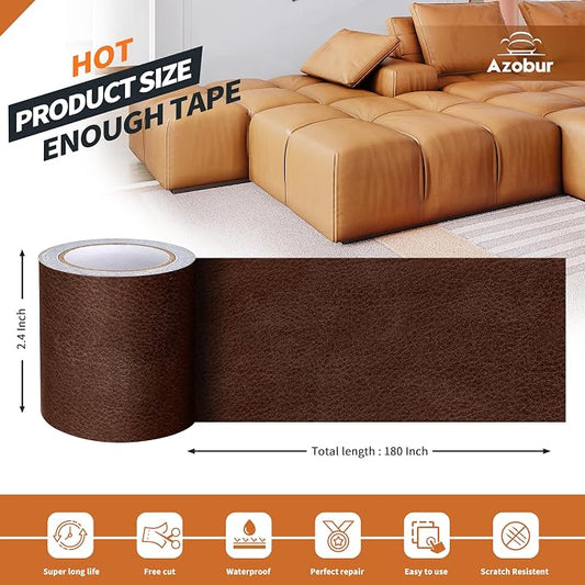 Azbour Leather Repair Tape Patch, 2.4''x15' Super Adhesive, Self-Adhesive Leather Patch for Restoration and Refurbishment of Sofas, Car Seats, Furniture, Vinyl Furniture, Chairs.(Red Brown)