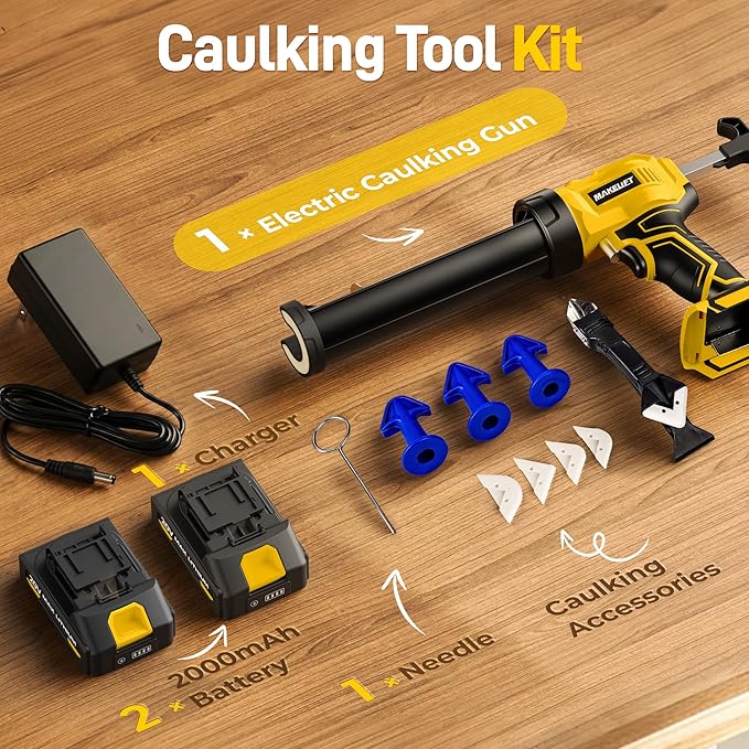 Electric Caulking Gun, 10oz Caulk Gun with 2x2000mAh Batteries, Cordless Caulking Gun, 4 Adjustable Speeds, LED Light, Auto Retraction, 9 Pcs Silicone Caulking Tools for Filling and Sealing