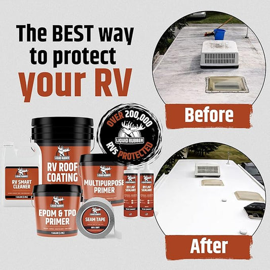 Liquid Rubber RV Roof Coating 35 Ft Leak Repair Kit – Solar Reflective, Waterproof & Weatherproof Protection – Complete System with Sealer, EPDM Primer, Cleaner, Seam Tape & Lap Sealant