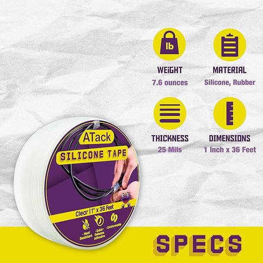 ATack Silicone Self Fusing Tape 1-Inch x 36-Foot (Clear) Waterproof and Weatherproof Self-Fusing Silicone Rubber Sealing Wrap Quick Fix Repair Tape for Hose, Pipe, Plumbing Emergency Repair 25 Mil