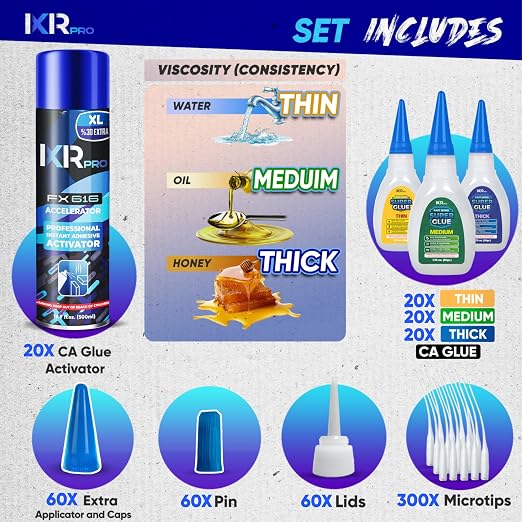 CA Glue with Activator Kit – 60 x 1.75 oz (Thin, Medium, Thick) + 20x 16.9 fl oz Accelerator Spray, Cyanoacrylate Super Glue for Woodworking, 3D Printing, Plastic, Guitar Repair & Hobby Projects