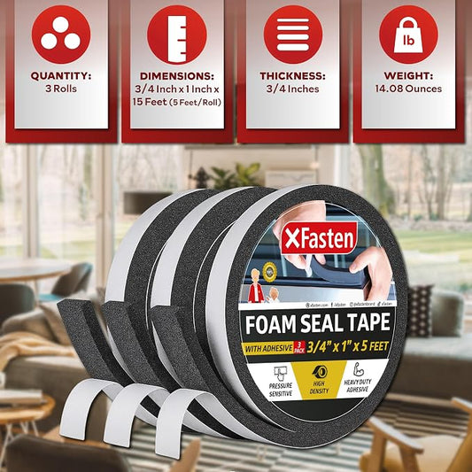 XFasten Black Foam Seal Tape with Adhesive, 3/4 Inches Thick 1-Inch X 5-Foot (3-Pack), High-Density Weather Strip Tape for Window, Door, Pipe and AC Insulation- Neoprene Insulation Foam Strip
