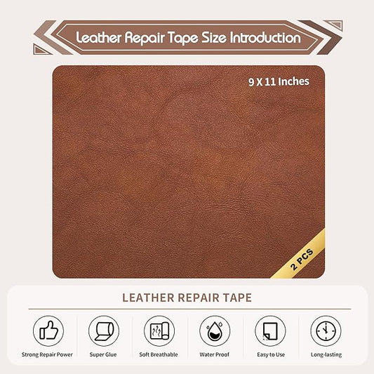 KING MOUNTAIN Leather Repair Patch,2 Packs 9 x 11 Inches self Adhesive Leather Repair Tape for Damaged Leather Furniture, Sofa Seating,Car Seats, Leather Goods(Classic Brown)