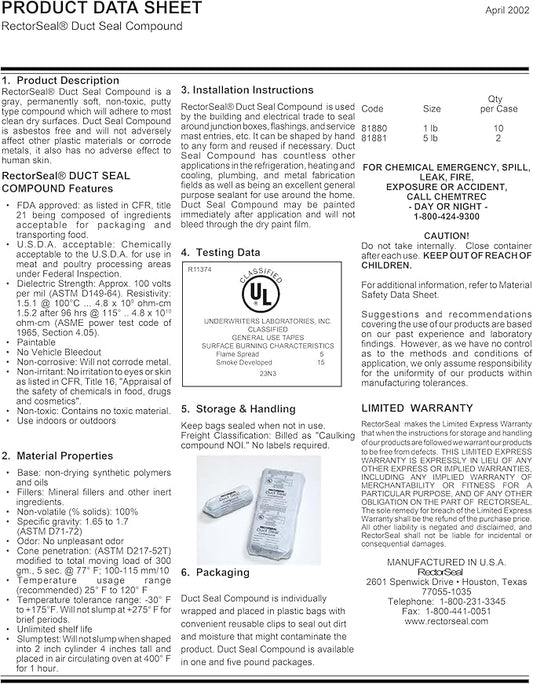 RectorSeal Duct Seal 81881 Duct Seal Compound, Easy Application, HVAC, 5 lb