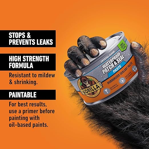 Gorilla Waterproof Patch & Seal Rubberized Sealant Paste, 12.8 Ounce Can, Clear (Pack of 1) - Stops Leaks, Flexible Gap & Crack Filler, Shrink & Mildew Resistant, Paintable