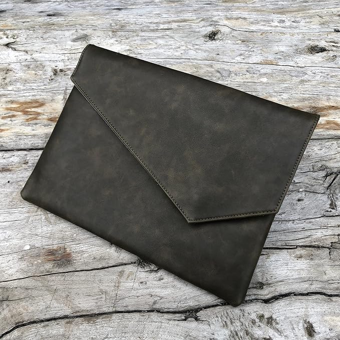 Vintage Leather 13.5" Business Clutch Envelope Bag Documents Certificate Laptop Sleeve Case Office File Folder (Army Green)