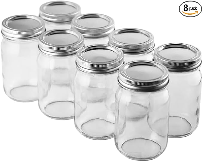 FastRack Regular Mouth Glass Mason Jars with Metal Airtight Lids | 16 oz - Pack of 8 | Large Glass Jars for Food Storage with Lids | Ideal for Canning, Fermentation, Pickling, Kombucha Brewing
