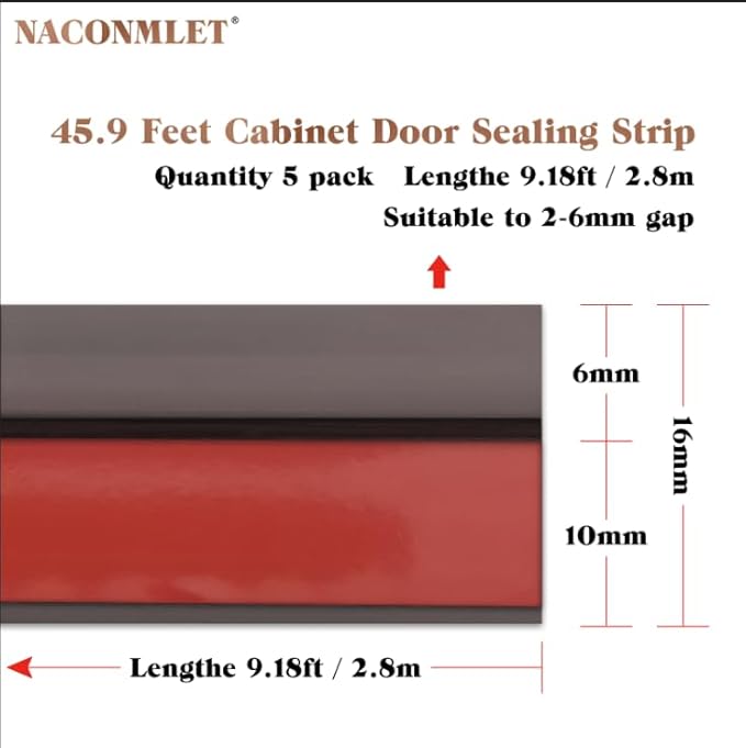 9.8 Ft x 5 Pcs Cabinet Door Seal Strip, Weather Stripping Door Gap Filler with Strong Adhesive, Silicone Dustproof Seal for Wardrobe & Cupboard, Keep Clean and Dry (White,45.9 FT)