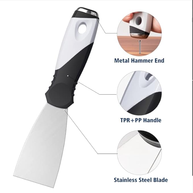 Mister Rui Paint Scraper, 2 Inch Metal Small Putty Knife Scraper Tool for Wood, Stainless Steel Knife with Hammer End, 2 Inch Paint Scraper Tool Taping Knife