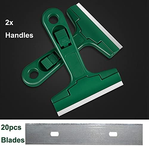 2pack 5.5 inches Industry Glass Scraper Scraping Hand Tool, T Shape Razor Blade Scraper with 20x Blades, Steel Scraping Knife for Window Stove Windshield Aquarium Tile Floor Wall Cleaning (Green)