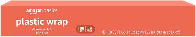 Amazon Basics Plastic Food Wrap,BPA Free,Microwave Safe with Tight Seal,300 Sq Ft,100 Sq Ft Rolls,(Pack of 18)