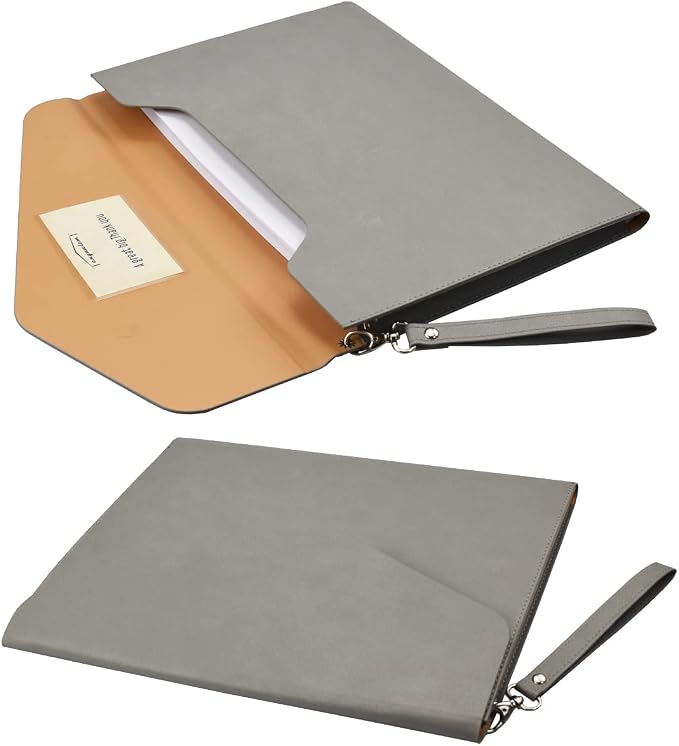 PU A4 Leather File Folder Document Holder Folder Stylish Portfolio Envelope Case with Strap and Invisible Magnetic Closure (Gray)