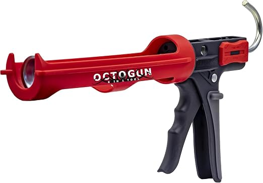 Newborn Scrapper Tool & Octogun 208D Drip-Free Caulk Gun - Integrated 4-Sided Tooling Square & 2-Sided Scraper | 12:1 Thrust Ratio | Lightweight Plastic Design with Revolving Barrel