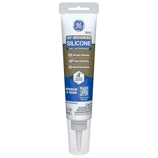 GE Advanced Silicone Caulk for Window & Door, White, 2.8 fl oz Tube, 1 Pack - 100% Waterproof Silicone Sealant, 5X Stronger Adhesion, Freeze & Sun Proof