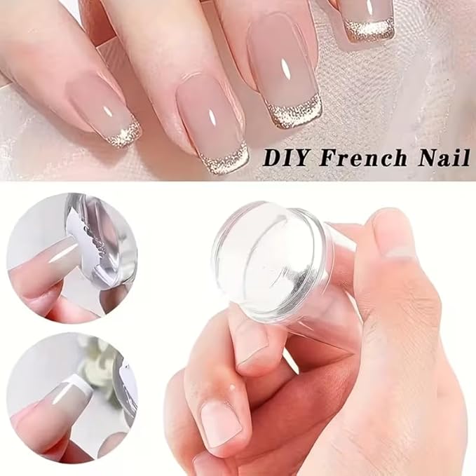 French Nail Stamper Kit, Double-End Clear Silicone Nail Stamper with Scraper, Long & Short Nail Stamps, 2 in 1 French Tip Nail Art Tool for Manicure DIY