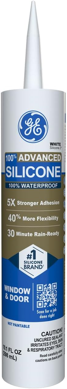 GE Advanced Silicone Caulk for Window & Door, White, 10 fl oz Cartridge, 1 Pack - 100% Waterproof Silicone Sealant, 5X Stronger Adhesion, Shrink & Crack Proof