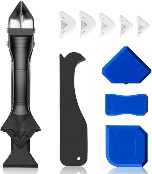 Multifunction Caulking Tool Kit - 9-in-1 Glue Remover Knife, Silicone Scraper with 5 Replaceable Pads for Corner, Angle, Crevice, Grout & Beauty Spatula Sealant Finishing Tool