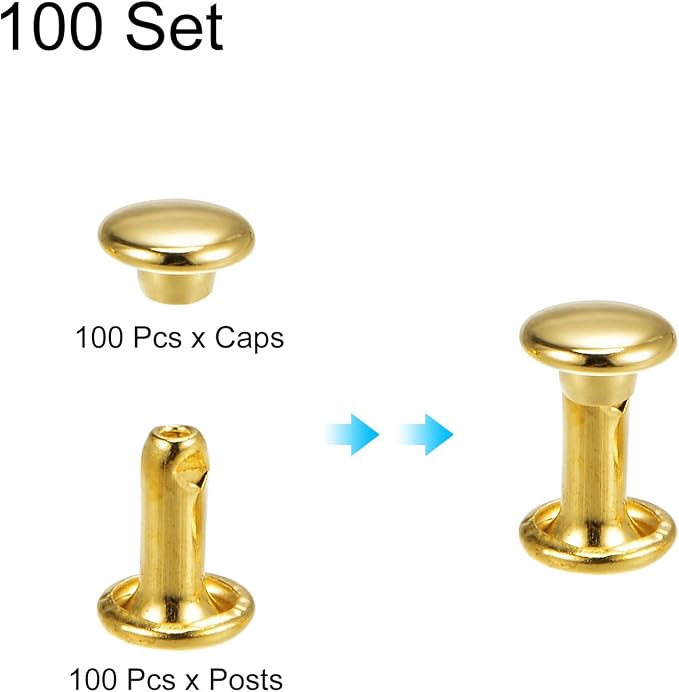 HARFINGTON 100 Sets Double Cap Leather Rivets, 6x8mm Round Cap Tubular Metal Studs Leather Crafting Rivets for Fabric Belt Pet Collar Boot Bag Repair and Decoration, Gold