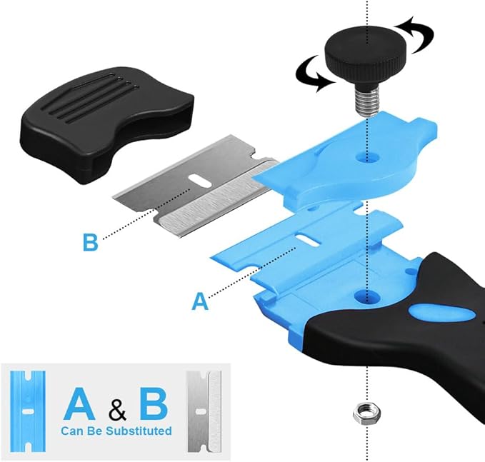 Ainiv Razor Blade Scraper, 2-in-1 Scraper Tool with 10PCS Metal Blades and 10PCS Plastic Blades, Multi-funtional Cleaning Razor Scraper for Decals, Stickers, Labels, Caulk, Adhesive Removal(Blue)