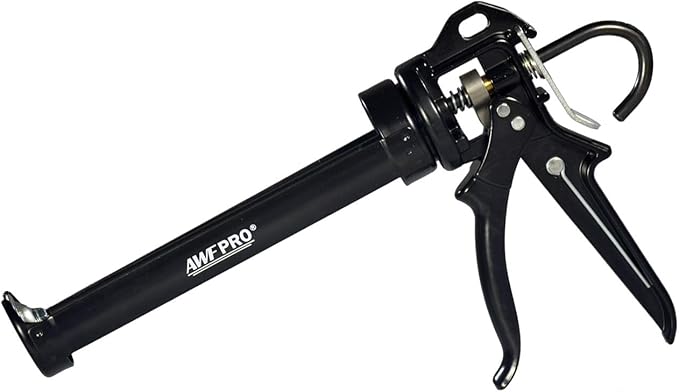 AWF PRO Heavy Duty Caulk Gun, 18:1 Thrust Ratio, Steel Frame Construction, Rotating Barrel, Ladder Hook, Puncture Tool & No Drip Pressure Release Tab, 10 oz Caulking Gun