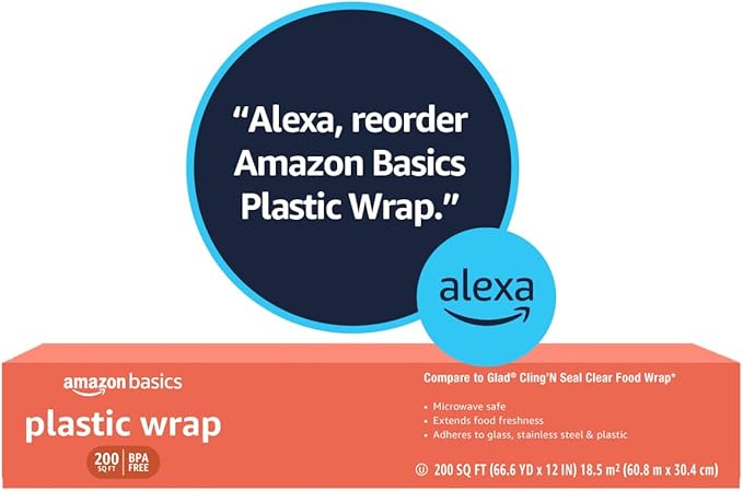 Amazon Basics Plastic Food Wrap, BPA Free, Microwavable, 200 Sq Ft, Pack of 1