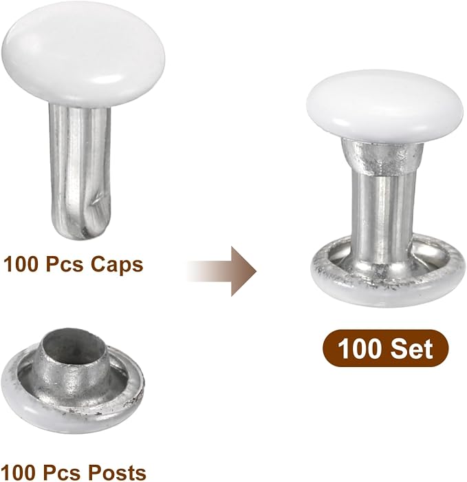 HARFINGTON 100 Sets Double Cap Leather Rivets, 6x8mm Round Cap Tubular Metal Studs Leather Crafting Rivets for Fabric Belt Pet Collar Boot Bag Repair and Decoration, White