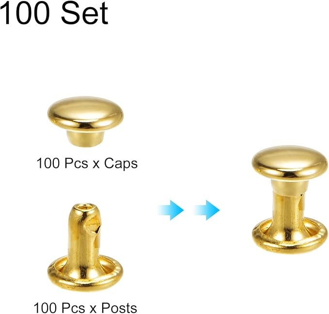 HARFINGTON 100 Sets Double Cap Leather Rivets, 6x6mm Round Cap Tubular Metal Studs Leather Crafting Rivets for Fabric Belt Pet Collar Boot Bag Repair and Decoration, Gold