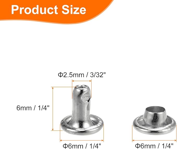 HARFINGTON 100 Sets Double Cap Leather Rivets, 6x6mm Round Cap Tubular Metal Studs Leather Crafting Rivets for Fabric Belt Pet Collar Boot Bag Repair and Decoration, Silver