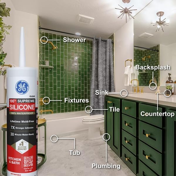 GE Supreme Silicone Caulk for Kitchen & Bathroom, Clear, 10 fl oz Cartridge, 12 Pack - 100% Waterproof Silicone Sealant, 7X Stronger Adhesion, Shrink & Crack Proof