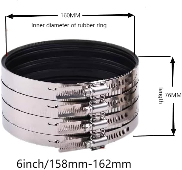 Flexible pipe Coupling with Stainless Steel Clamps.Pipe Connector for PVC and Metal Pipes (6 inch/158mm-162mm)