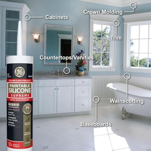 GE Supreme Paintable Silicone Caulk for Kitchen & Bathroom, White, 9.5 fl oz Cartridge, 12 Pack - 100% Waterproof Silicone Sealant, 7X Stronger Adhesion, Shrink & Crack Proof