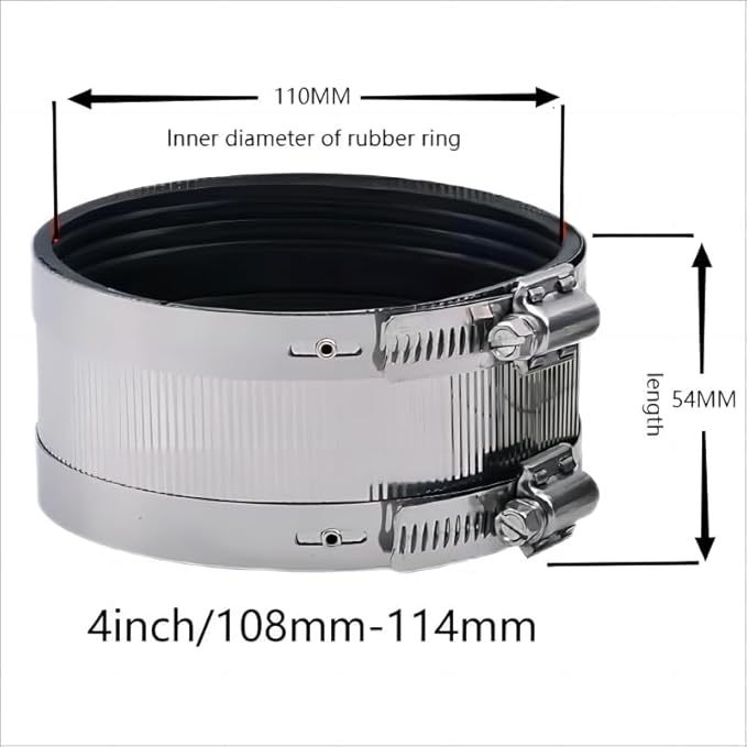 Flexible pipe Coupling with Stainless Steel Clamps.Pipe Connector for PVC and Metal Pipes (4inch/108mm-114mm)