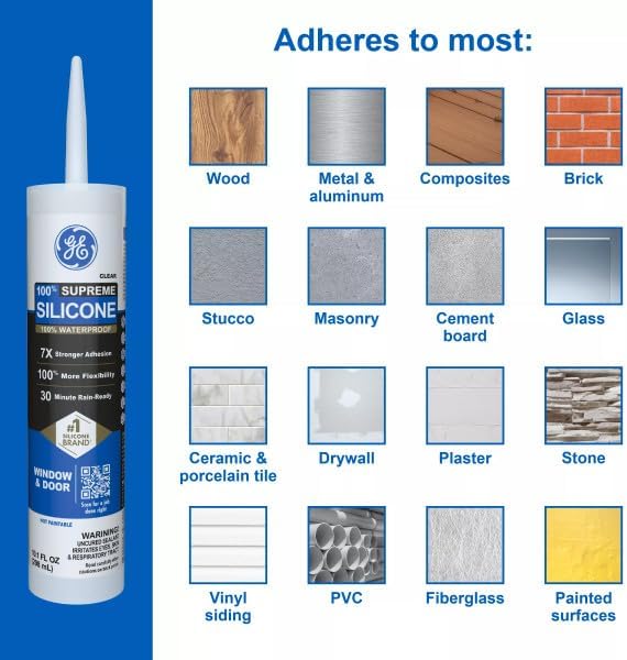 GE Supreme Silicone Caulk for Window & Door, White, 10 fl oz Cartridge, 12 Pack - 100% Waterproof Silicone Sealant, 7X Stronger Adhesion, Shrink & Crack Proof