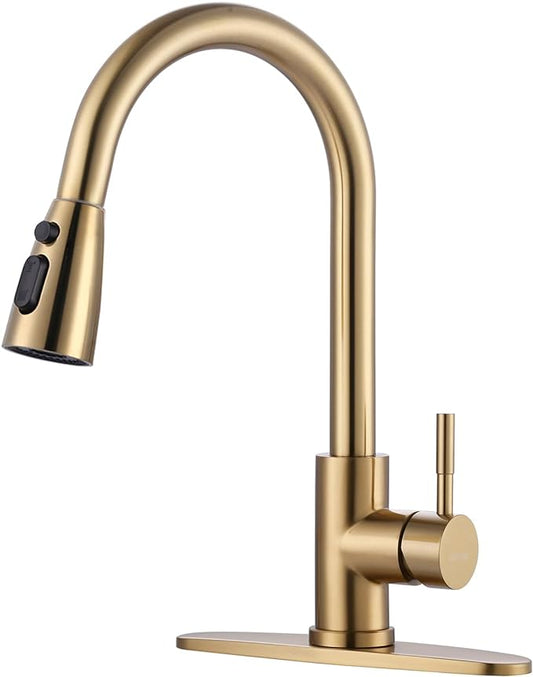 WOWOW Brushed Gold Kitchen Faucet With Sprayer, Stainless Steel High Arc Single Handle Sink Faucet for 1 or 3 Hole, Luxurious Gold Utility RV Kitchen Tap