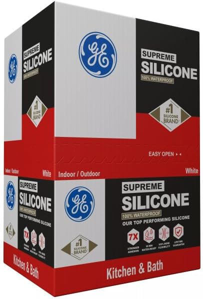 GE Supreme Silicone Caulk for Kitchen & Bathroom, White, 10 fl oz Cartridge, 12 Pack - 100% Waterproof Silicone Sealant, 7X Stronger Adhesion, Shrink & Crack Proof