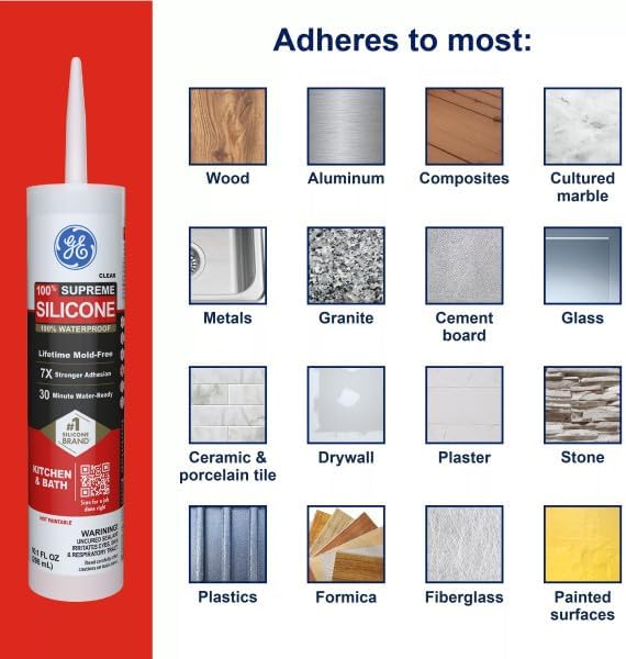 GE Supreme Silicone Caulk for Kitchen & Bathroom, White, 10 fl oz Cartridge, 1 Pack - 100% Waterproof Silicone Sealant, 7X Stronger Adhesion, Shrink & Crack Proof