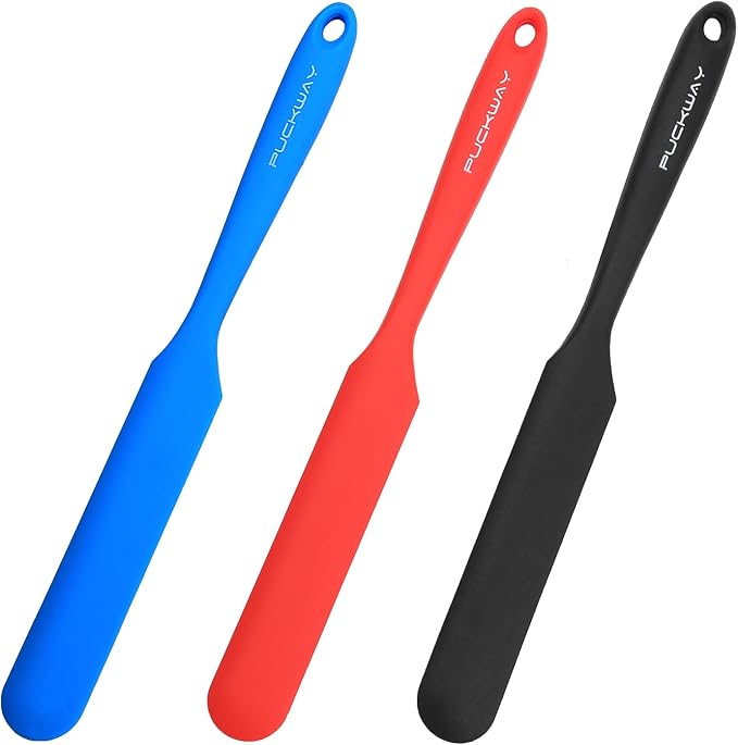 3pcs Silicone Jar Spatulas 10in Long Skinny Heat-Resistant, Narrow Spatula Set for Scraping Peanut Butter, Sourdough, Jam in Small Containers, Blenders & Baking (Black & Red & Blue)
