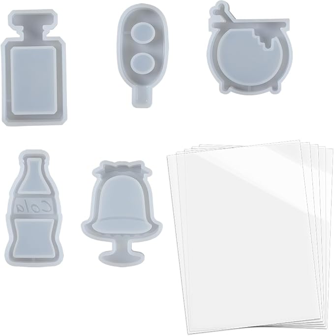 Resin Shaker Molds Set Perfume Bottle, Cola, Mike Tea, Dessert, Popsicle Silicone Trays with 5 Seal Films