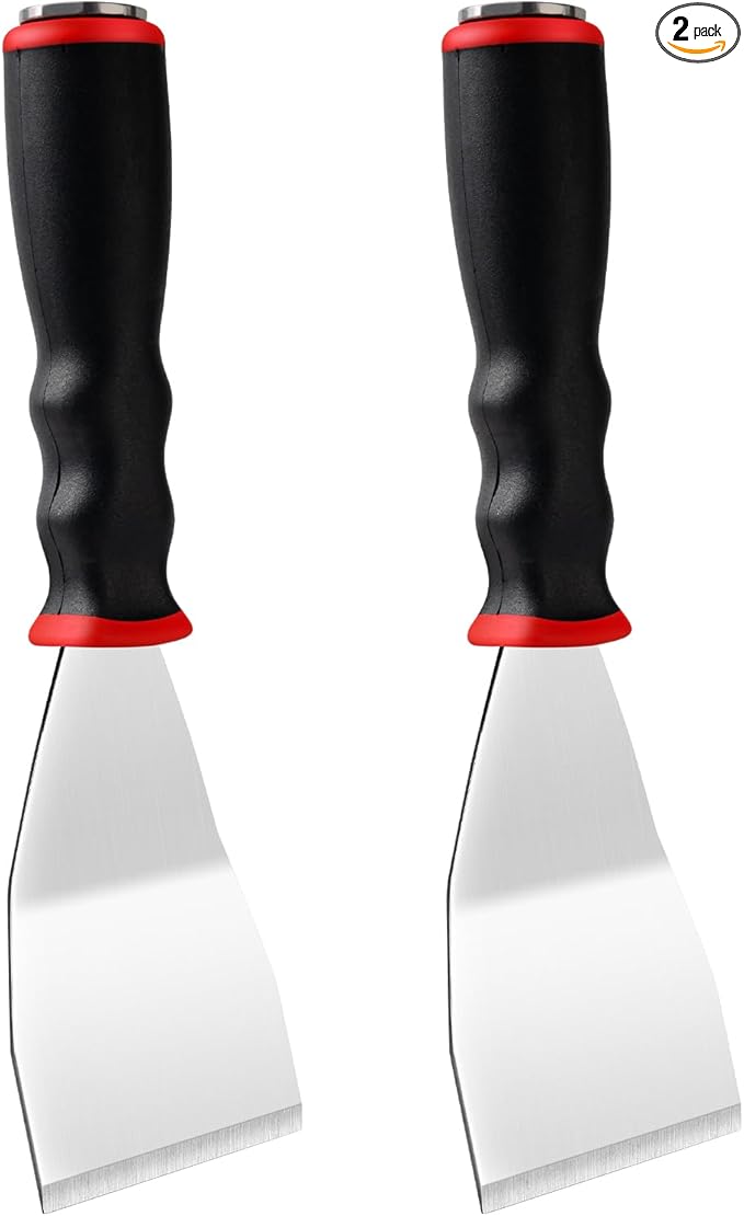 Mister Rui Bent Heavy Duty Scraper, 2 Pack 3 Inch Bent Scraper, Stainless Steel Putty Knife with Hammer End, Spackle Knife with Soft Grip Rubber Handle, Paint Scraper Tool for Wood