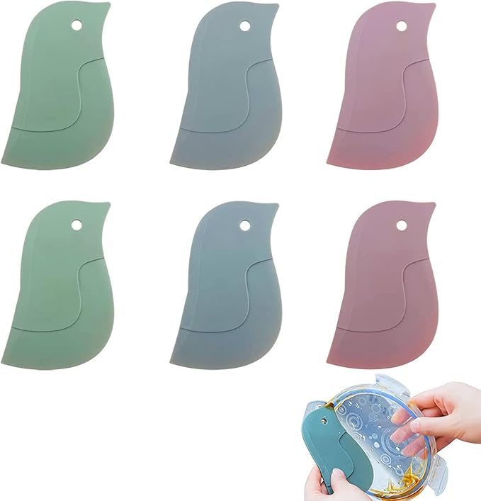 6 PACK Multifunctional Penguin Shape Silicone Scraper Soft Kitchen Cleaner Cleaning Tools Accessories for Pans Bowls (3 Colors)