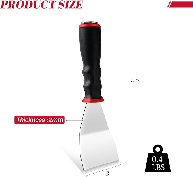 Mister Rui Bent Heavy Duty Scraper, 2 Pack 3 Inch Bent Scraper, Stainless Steel Putty Knife with Hammer End, Spackle Knife with Soft Grip Rubber Handle, Paint Scraper Tool for Wood