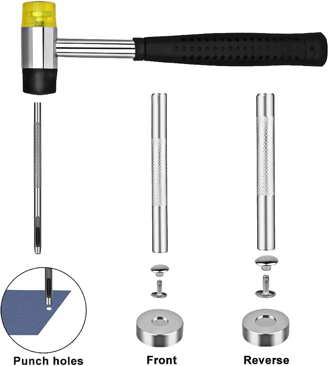 TLKKUE 360 Sets Leather Rivets 4 Colors Double Cap Rivets Tubular 3 Sizes with Rubber Hammer Fixing Tool Kit 4 Pieces for DIY Leather Craft Clothes Shoes Decoration and Repair