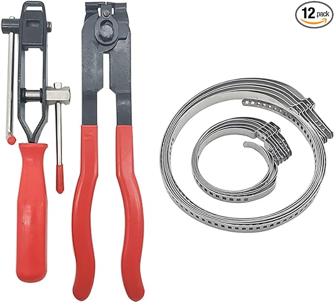 CV Boot Clamp Pliers CV Joint Ear Clamp Banding Tool with 12pcs Adjustable Axle Boot CV Joint Bands Drive Axle Shaft Joint Crimp Clamps Fit for Most Cars