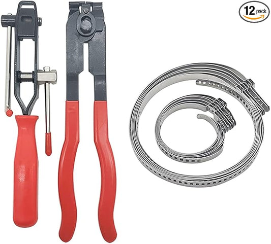 CV Boot Clamp Pliers CV Joint Ear Clamp Banding Tool with 12pcs Adjustable Axle Boot CV Joint Bands Drive Axle Shaft Joint Crimp Clamps Fit for Most Cars