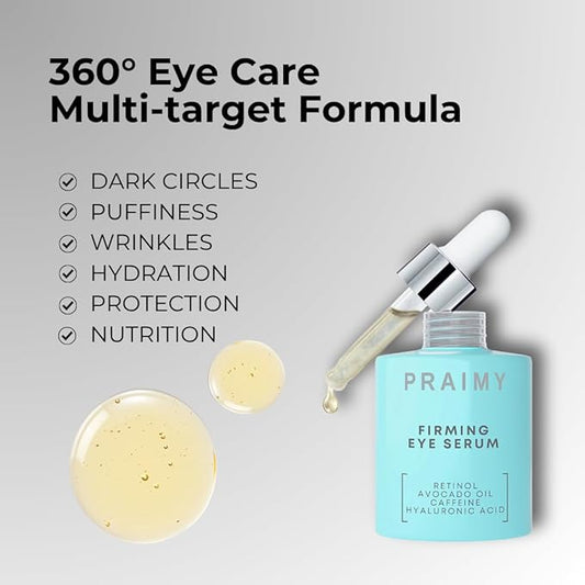 PRAIMY Firming Eye Serum – Anti-Aging Eye Serum for Dark Circles, Puffiness, Fine Lines & Wrinkles with Retinol, Caffeine & Hyaluronic Acid – 1 fl oz