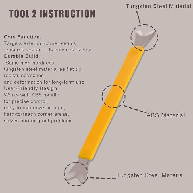 Sealant Finishing Tool Set,Stainless Steelhead Grout Residue Scraper,Caulk Finishing Tool for Corner Flat Surfaces, Durable Grout Smoother with ABS Handle, Seam Repair Kit