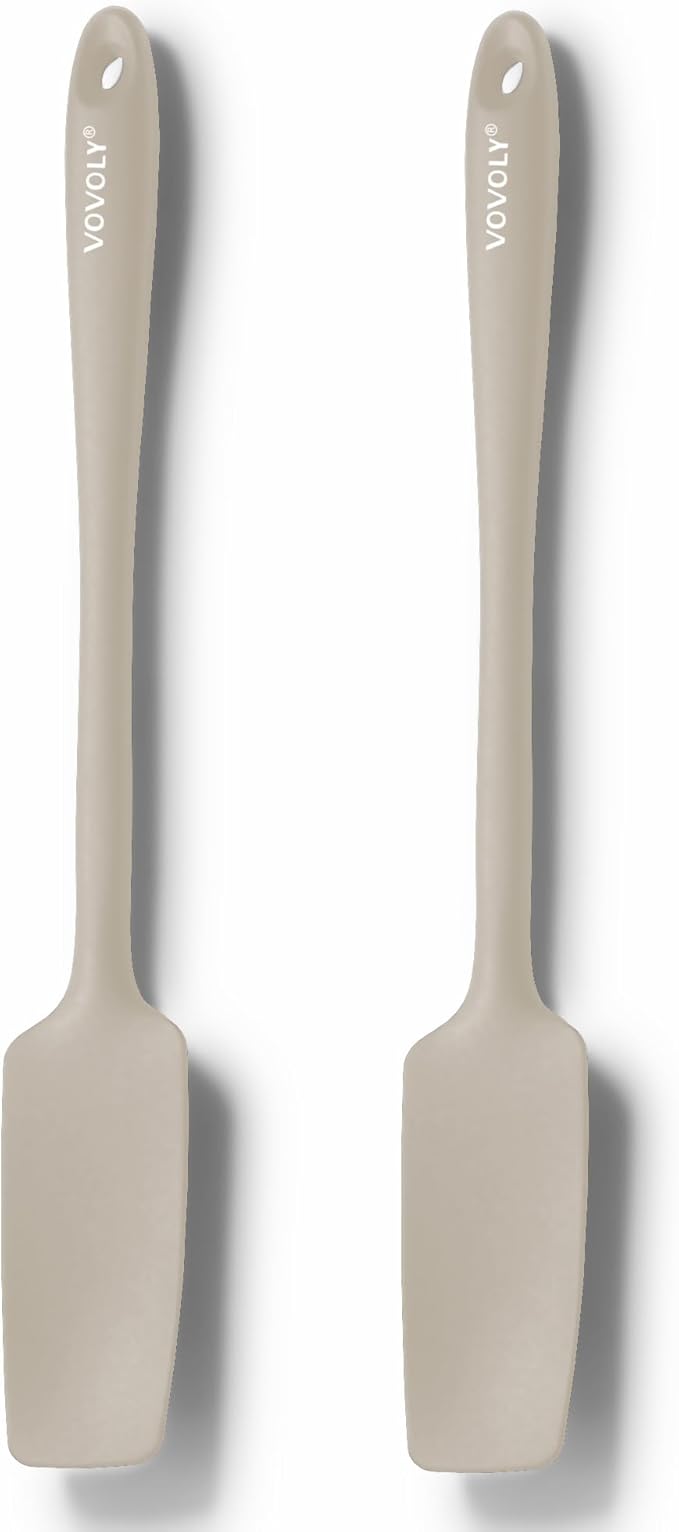 2-Pack Silicone Small Jar Spatulas with Long Handle, Upgraded Heat Resistant Spatula for Non Stick Cookware, Seamless Design, Stainless Steel Core, BPA Free Spoonula, Khaki