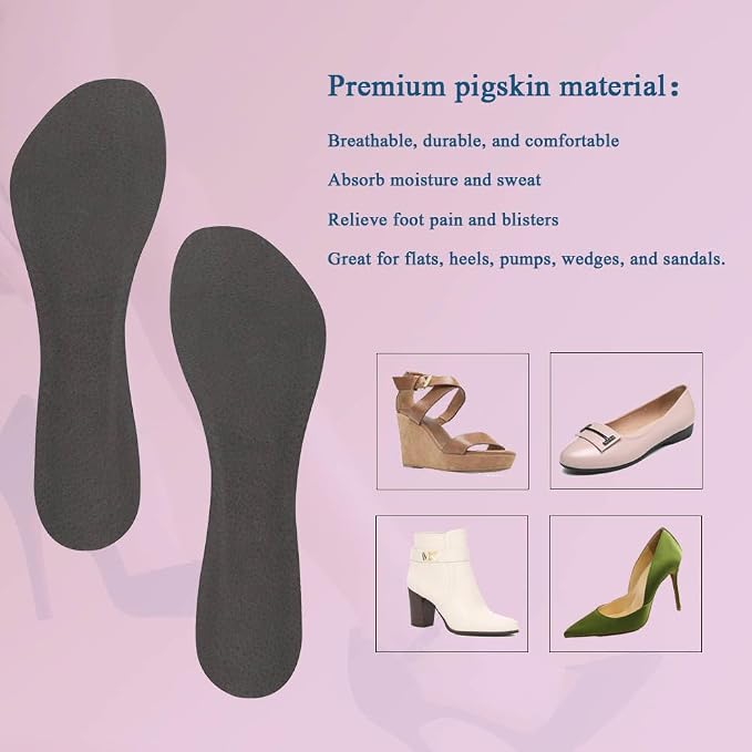 2 Pairs Pigskin High Heel Cushion Insoles, Adhesive Arch Support Sandal Inserts, Anti-Slip Shoe Dress Shoes Inserts Flat Shoe Pain Relief, Leather Cushioning Heel Insoles, L for 9.5-11 Women Shoes